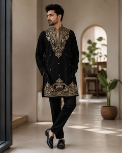 <b>Men's</b> Black Embroidered <b>Kurta</b> With Gold detailing Traditional Indian Wedding Wear Ankle Length Cotton Regular Fit - Product Image 1
