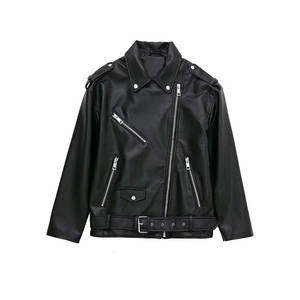 Chaqueta de Motocicleta de Cuero Genuino para Mujer PIHA SPORTS, Cuello Alto, Manga Regular, Cierre de Cremallera, Detalle de Epaulettes, Color Sólido, Invierno - Product Image 1