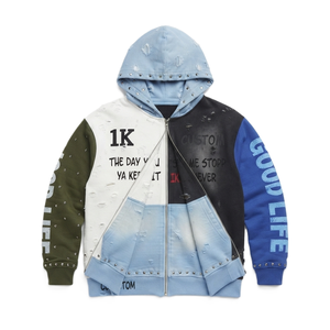 Custom Distressed Patchwork Graphic Hoodies Color Block Full <b>Zip</b> Up Hoodie Metal Studded Vintage Printed Heavy <b>Hooded</b> Jacket OEM - Product Image 4