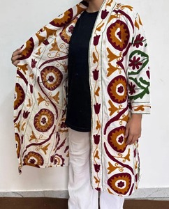 Robe longue en coton 100% brodée de fleurs pour femmes, col en V, manches longues, tenue décontractée d'automne, kimono fait main, peignoir réversible - Product Image 4