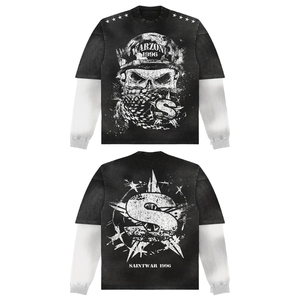 Long sleeve double arm shirts wholesale unisex distressed shirts rhinestone work on shirts best manufactured double layer tshirt - Product Image 2