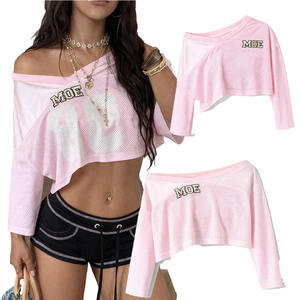 Haut court rose personnalisé en maille à épaules dénudées pour femme, maillot de sport Y2K à manches longues, style streetwear, maillot de football américain, vente en gros - Product Image 1