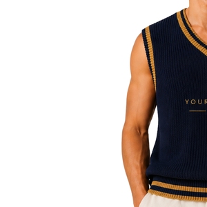 <b>Mens</b> Navy Blue Mustard Contrast Stripe Summer Knit Sweater Vest V Neck <b>Sleeveless</b> <b>Pullover</b> Casual Lightweight Custom Logo OEM - Product Image 3