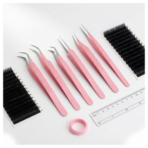 Kit Profesional de Pinzas para Pestañas con Punta de Fibra Rosa, Pinzas de Acero Inoxidable para Extensión de Pestañas, Pinzas Curvas, Rectas y en Forma de Bota - Product Image 1