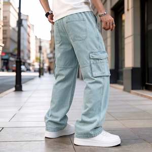Custom OEM Manufactured 100% Cotton Baggy Cargo <b>Jeans</b> Wide Leg Y2K <b>Elastic</b> Waist Denim Pants for Men with Drawstring Streetwear - Product Image 2