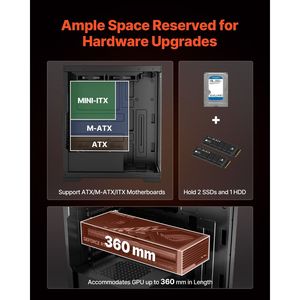 Caja de PC para Juegos de Media Torre con Panel de Vidrio Templado de Alto Flujo de Aire y 2 Ventiladores de 120 mm para Gestión de Cables y Filtro Antipolvo - Product Image 3