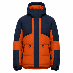 Chaqueta Acolchada Gruesa con Capucha para Hombre, Diseño Color Block, Cortavientos, Deportiva, Invierno, Corte Regular, Naranja y Azul Marino, Cierre de Cremallera, Bordado - Product Image 1