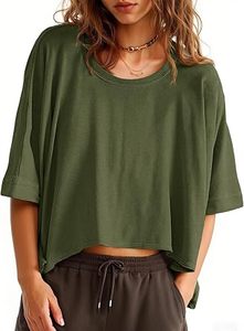 Oversized Cropped <b>T</b>-<b>Shirt</b> Women Short Sleeve <b>Batwing</b> Sleeve Solid Color O-Neck Loose Fit Plus Size Top Green Cotton Knitted - Product Image 6