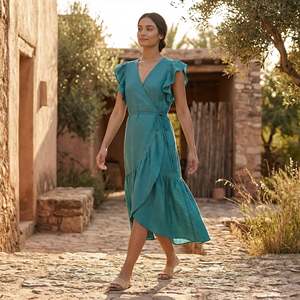Robe mi-longue en coton et lin vert pin pour femmes, avec volants, tissu léger, coupe confortable pour un usage quotidien - Product Image 3