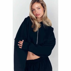 Conjunto de 2 Piezas para Mujer, Color Negro, Top Corto con Cremallera y Pantalones Anchos de Pierna Ancha, Corte Holgado, Informal, para Todas las Temporadas, Tejido de Poliéster - Product Image 4
