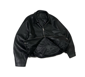 <b>Men's</b> Black Wrinkled Leather <b>Jacket</b> Point Collar Double Flap Pockets Drawstring Hem Oversized Streetwear Zip up Coat - Product Image 2