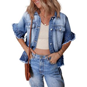 Chaquetas vaqueras con estampado gótico de moda para mujer 2025 Y2K abrigo de manga corta con botones y decoración de diamantes estilo lavado con volantes - Product Image 2