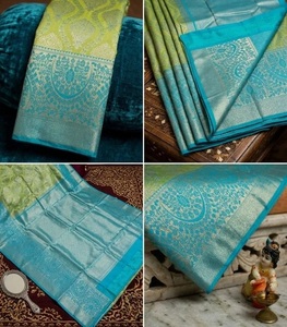 ผ้าไหมทอมือสีเขียวพาร็อตและสีน้ำเงินอนันท์ สำหรับผู้หญิง ผ้าส่าหรีแบบดั้งเดิมจากกันชีปุรัม เหมาะสำหรับงานแต่งงาน งานเลี้ยง และงานพิธีต่างๆ - Product Image 3