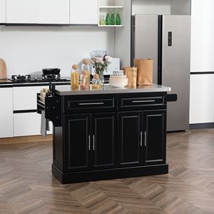 Carrello da Cucina Moderno Portatile Nero su Ruote con Piano in Acciaio Inox, Armadietti Contenitori, Porta Spezie Regolabile, Materiale in Legno MDF - Product Image 2