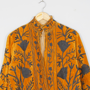 Women Velvet Embroidered <b>Jacket</b> Mandarin Collar Lantern Sleeve Floral Boho Style Autumn Coat Handmade Suzani <b>Pattern</b> - Product Image 2