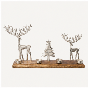 Portavelas de aluminio plateado de primera calidad con forma de reno y árbol de Navidad, con base de madera de mango natural para decoración festiva del hogar. - Product Image 4