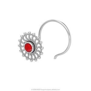 Piercing de Nariz con Forma de Flor de Plata de Ley 925, Estilo Étnico Indio, con Coral y Engaste de Bisel, 8mm, para Mujeres y Niñas, Ideal para Bodas - Product Image 3