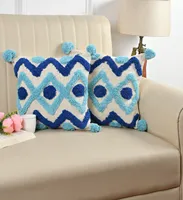MORE Coussins et oreillers carrés en coton tufté brodés style bohème avec pompons pour la maison et l'hôtellerie
