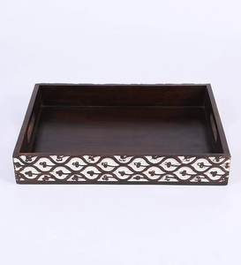 Handcrafted Wooden Serving <b>Tray</b> with Bone Inlay Border Design Decorative Coffee <b>Breakfast</b> <b>Tray</b> with Cutout Handles - Product Image 2