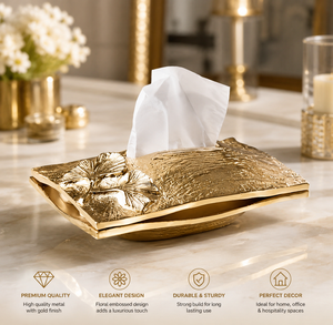 Boîte à mouchoirs en métal de luxe, porte-serviettes moderne doré à motifs floraux, organiseur de mouchoirs décoratif pour table - Product Image 1