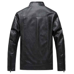 Chaqueta de cuero negra para hombre, estilo motociclista, corte ajustado, cuello alto, con cremallera, abrigo de invierno cálido, estilo béisbol personalizado - Product Image 3