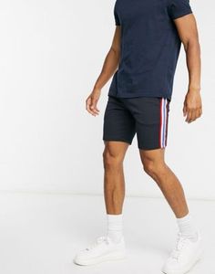 Pantalones cortos Bermuda azul marino para hombre con rayas laterales rojas y blancas, cintura con cordón, de punto casual de tiro medio - Product Image 5
