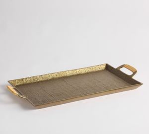 Wholesale Luxury Rectangular Gold Hammered Dining Tray Bulk Metal Hotel Restaurant Serving Platter Elegant Rattan Handle Tablewa - Product Image 4