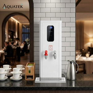 Dispensador de agua comercial Aquatek, agua caliente y a temperatura ambiente, capacidad de 10L, carcasa de acero inoxidable blanca con pantalla digital. - Product Image 1