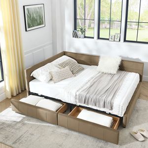 Letto Queen Size con Contenitore, Testiera Trapuntata, Braccioli Imbottiti, Struttura in Legno Resistente per Casa e Ufficio - Product Image 2