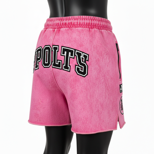 Shorts de mujer de algodón y poliéster con lavado ácido, tacto suave, dobladillo sin rematar, logotipo bordado en chenilla personalizado - Product Image 5