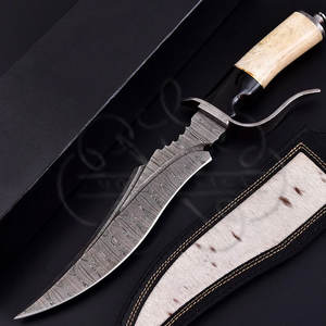 Cuchillo de Caza Bowie de Acero de Damasco, Forjado a Mano, con Mango de Cuerno de Búfalo y Hueso de Camello, para Caza y Camping, con Funda de Cuero - Product Image 2