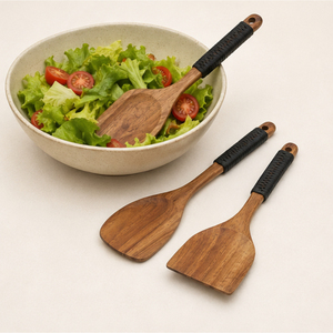 <b>Wooden</b> Cooking Spoons Set Custom Logo Bulk <b>Wooden</b> Spatula Turner With Rattan Wrapped Long Handle <b>Kitchen</b> <b>Utensils</b> Cookware - Product Image 2