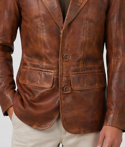 Icon by Gilani Men’s Brown Vintage Turn Down Collar <b>Button</b> Closure Leather <b>Blazer</b> - Product Image 4