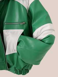 Veste décontractée pour homme en cuir véritable vert respirant, avec blocs de couleur, col rabattable, fermeture éclair, longueur et manches standard - Product Image 6