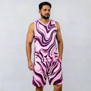 Ensemble débardeur et short pour homme, imprimé vagues rose et violet, col en V, séchage rapide, tricoté en polyester, tenue sportive d'été - Product Image 1