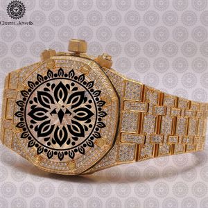 Charm Jewells Luxury Gold Men's <b>Watch</b> 42mm Diamond Encrusted Sapphire Crystal Analog Chronograph <b>Mechanical</b> Folding Clasp - Product Image 3