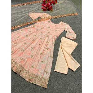 DESIGNER WEAR CON SECUENCIA ZARI Y BORDADO TRABAJO VESTIDO FONDO CON DUPATTA PEACH - Product Image 1