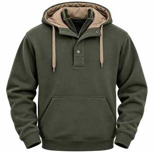 Sudadera de punto para hombre con cremallera de un cuarto, forro polar, verde oliva, manga larga, bolsillo canguro, corte regular, ODM - Product Image 1