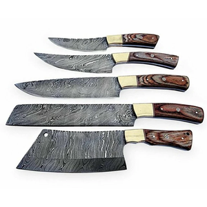Top Selling 5 Piece Damascus Steel <b>Knife</b> <b>Set</b> Handmade Wood Handle Durable <b>Sharp</b> Serrated Edge Right Hand with Leather Roll - Product Image 2