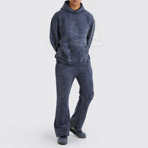 Puff Print Heavyweight Summer Breathable Sweatsuit <b>Mens</b> Custom Logo <b>Flare</b> Tracksuit Cotton Raw Hem Flared Pants Tracksuit - Product Image 2