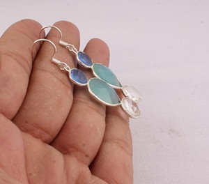 Wholesale Three Stone Faceted <b>Earrings</b> 925 <b>Sterling</b> <b>Silver</b> Multi Gemstone <b>Dangle</b> <b>Earrings</b> Manufacturer Handcrafted Blue Aqua - Product Image 6