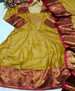Robe traditionnelle en coton Kanchi avec bordure en Zari, longueur au sol, avec dupatta, tenue ethnique pour femmes, mariage, Inde, Pakistan 85195 SI:-350 - Product Image 2