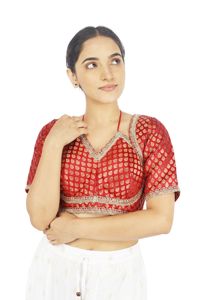 <b>Red</b> Embroidered 100% <b>Silk</b> Crop <b>Top</b> Ethnic Blouse with Dot Pattern Woven Loose Fit for Women Wedding Festival Wear - Product Image 1
