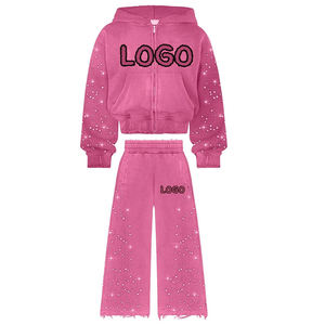 Fournisseur OEM de vêtements : Survêtement personnalisé pour homme avec strass, ensemble de jogging, sweat à capuche entièrement zippé, effet délavé à l'acide - Product Image 1