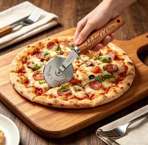 Personalized Stainless Steel Pizza Cutter with Wooden Handle and <b>Leather</b> Sheath - Product Image 1