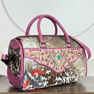 Premium Quality Large <b>Tooled</b> <b>Leather</b> Cowhide Speedy Bag Floral Carved with Turquoise Stone Cowgirl Travel Duffel Overnight Bags - Product Image 1