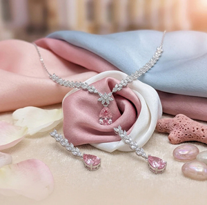 Luxury Women 925 Silver Rhodium Plated Pendant <b>Necklace</b> With Pink Pear Cut Diamond Drop Earrings Set Wedding Jewelry - Product Image 2