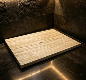 RICO GLOBAL Bac de douche rectangulaire en bois avec drain central, design rustique, installation au sol pour salle de bain - Product Image 1