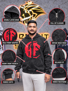 Men's Black Vintage Wash Zip-Up <b>Hoodie</b> With Bold <b>Red</b> Front Graphic Relaxed Fit Full Zip Closure Double Layer Hood Ribbed Cuffs - Product Image 2