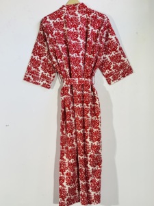<b>Red</b> Coral Print Cotton Kimono Robe for Women | Handmade Lightweight Bathrobe with <b>Belt</b> - Product Image 1
